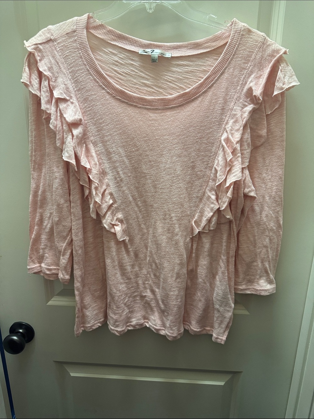Seven7 Light Pink Ruffle-Front 3/4 Sleeve Top